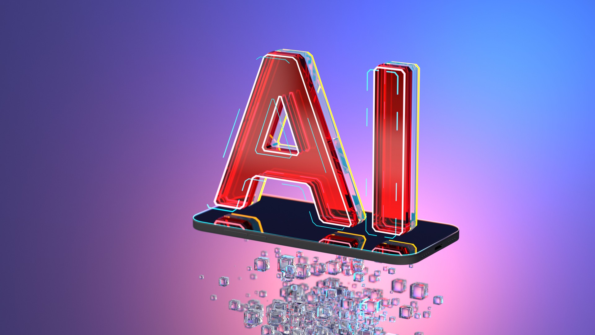 Artificial Intelligence digital concept. chatbot assistant. AI text on smartphone